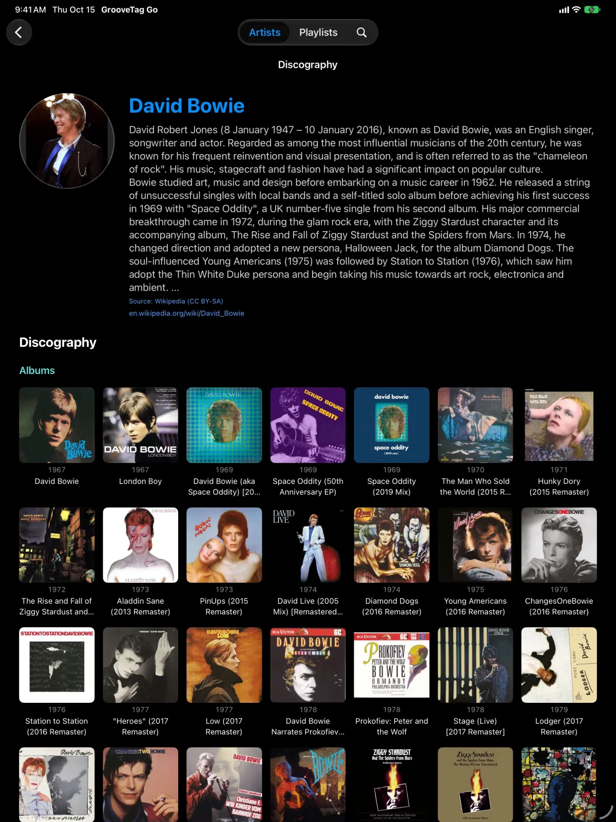 GrooveTag Go on iPad: artist page with biography and discography