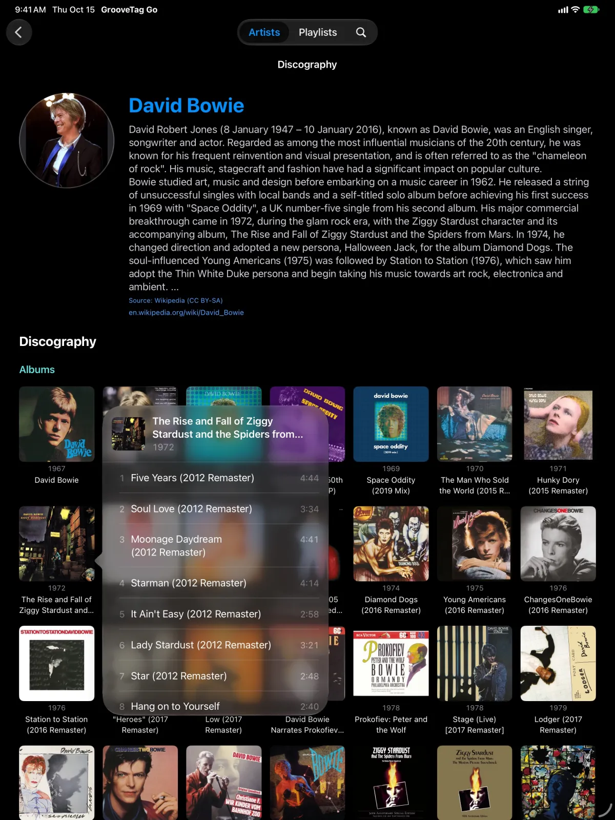 GrooveTag Go on iPad: track list opened above an album cover